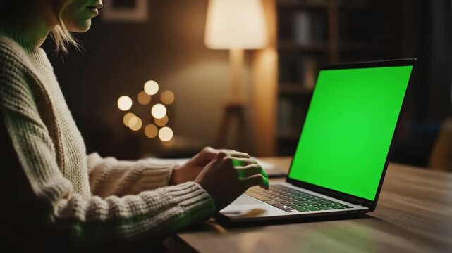 Green Screen unrecognizable person using mockup laptop working remotely at home close up scene 3 with distortion, overlay, glitch, static noise, scan lines on black background, 4k animated video loop
