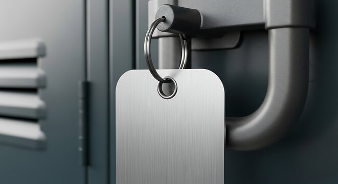 A metal tag hangs from a locker door handle with a pipe