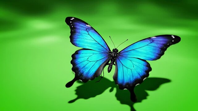 Green Screen morpho menelaus blue butterfly flying on a background beautiful 3d animation with passes of shadow and global illumination 4k scene 4 distortion, overlay, glitch, static noise, scan lines