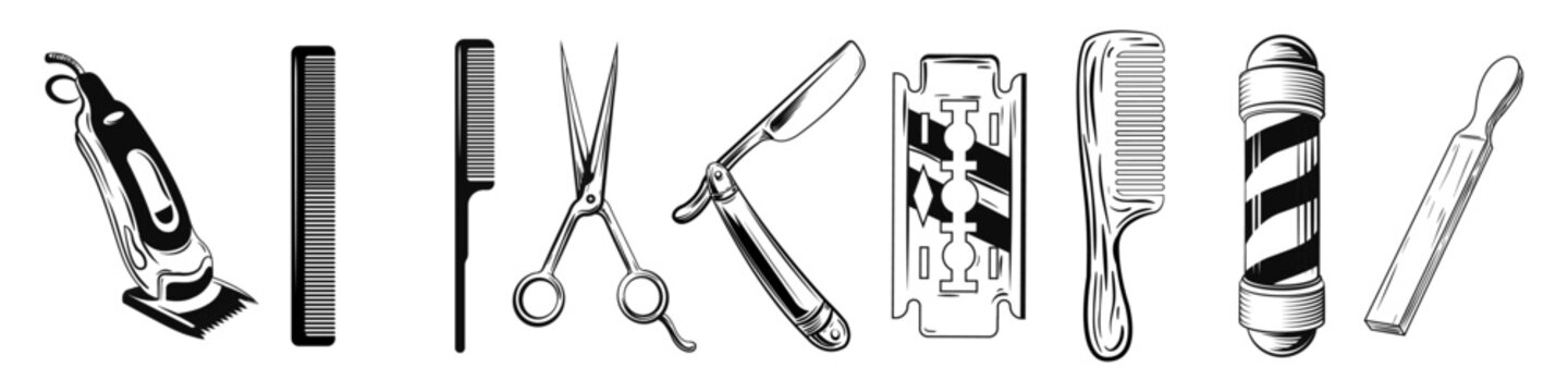 Barber icon set vector illustration. barber tool set razor ,comb, clippers, shaving brush ,scissors, barber pole vector silhouette .
