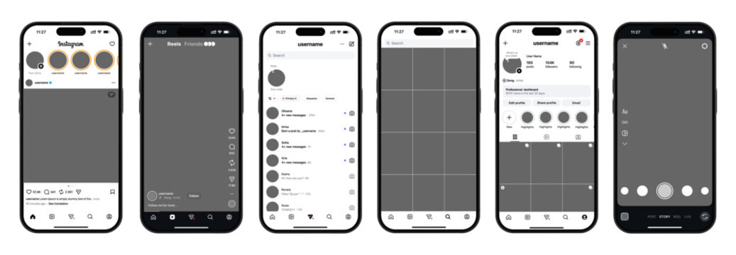 Instagram 2026 mockup. Set instagram screen social media and social network interface template. Instagram photo frame, liked, feed, profile and search.