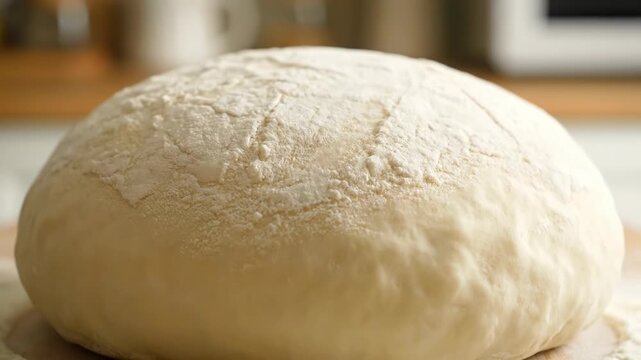 Freshly prepared dough rests on a floured surface, ready for baking. This soft, white dough promises delicious homemade bread.