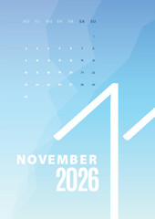 Obraz premium November 2026 minimal calendar template, week starts Monday. Gradient color.
