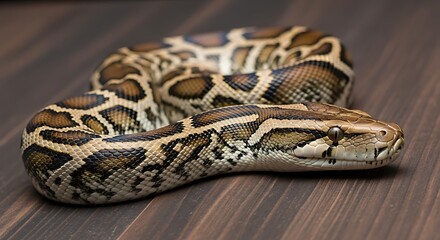Python Snake on Wooden Floor.