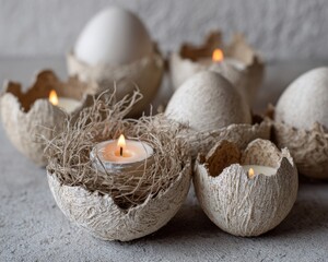 Easter decoration: eggshell, candle. Space for text. Crafts.