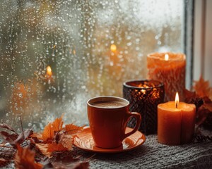A cup of warm coffee. Autumn leaves on the table against the backdrop of raindrops running down the windowpane.