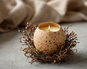 Easter decoration: eggshell, candle. Space for text. Crafts.