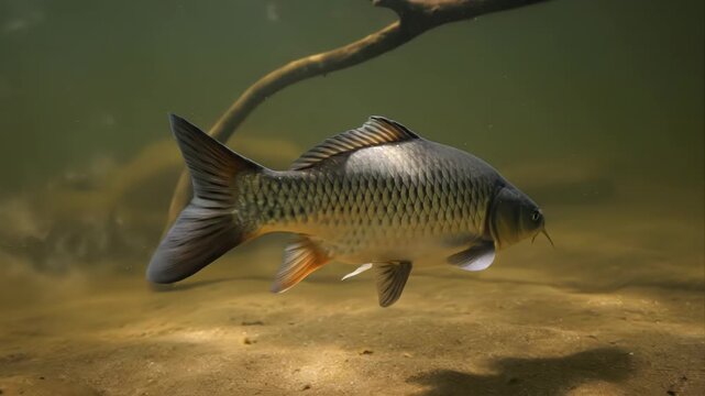 Carp fish swimming underwater in a natural habitat.