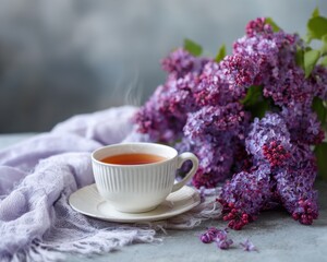 A cup of tea or coffee on the table and a large purple bouquet of lilacs.