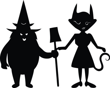 A whimsical black-and-white illustration featuring a witch and a feline witch companion holding a small sign