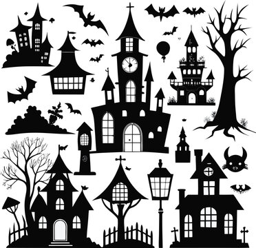 A collection of spooky and eerie black-and-white silhouettes featuring haunted houses, gothic architecture, and halloween symbols