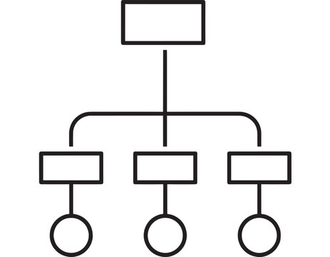 Organization chart icon with hierarchy flow diagram, top manager and three branches, simple black outline, minimal corporate structure symbol isolated on white background