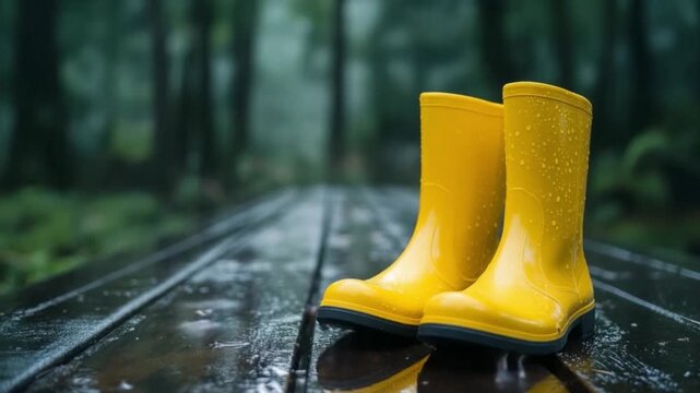 Vibrant yellow rain boots stand on a wet wooden path. Perfect for outdoor adventures. A bright touch in nature. Embrace the rain with style. Generative AI