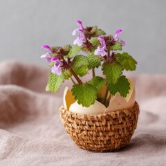 A purple stinging nettle flower growing in an eggshell. Easter decor concept.