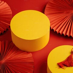Yellow podiums decorated with traditional red tassels and bright paper fans are ideal for promoting Chinese New Year events.