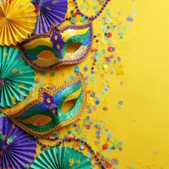 Brightly colored Mardi Gras masks and beads on a bright yellow background, decorated with confetti and paper fans