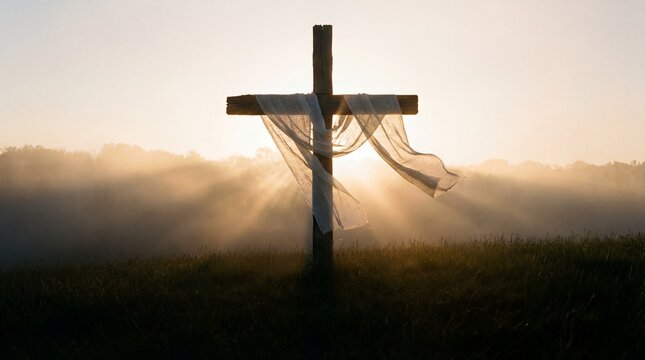 Happy Easter, silhouette of a rustic wooden cross draped with translucent white linen fabric. 