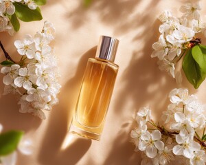 Spa treatment composition with a bottle of perfume or aromatic oil surrounded by flowers on a light background