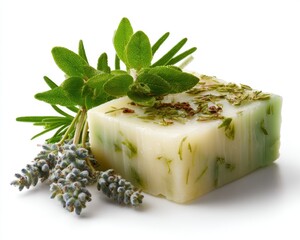 Natural handmade soap with aromatic herbs isolated on white background.