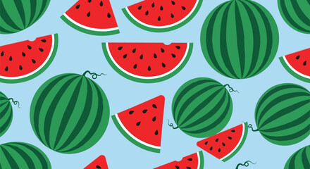 Colorful watermelon slices and whole fruits pattern on light blue background.