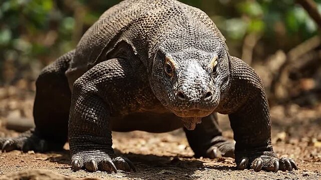 Close-up Komodo dragon advancing, dramatic low-angle wildlife shot, sharp scales, intense sunlight, raw primal documentary style.