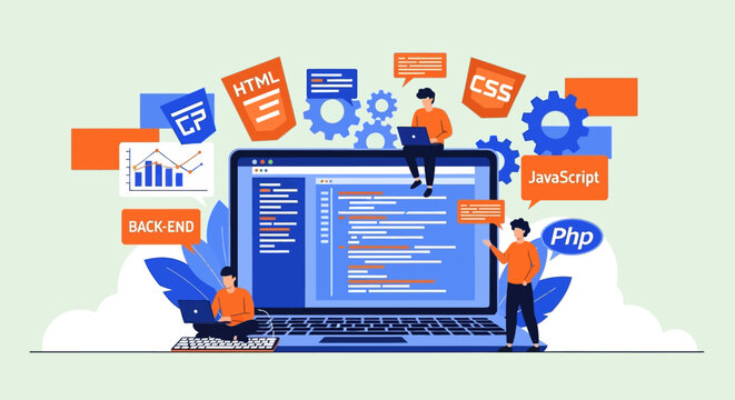 Programmers working on coding project with various programming languages.