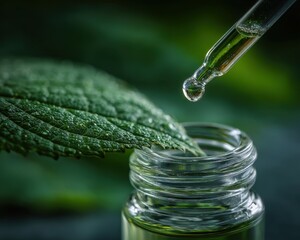 A drop of medicine falling into a jar. Natural, organic biocosmetics made from herbs and plants.