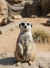 Fototapeta premium A meerkat stands upright on a rock