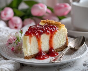 A slice of New York cheesecake with strawberry jam on a table with flowers