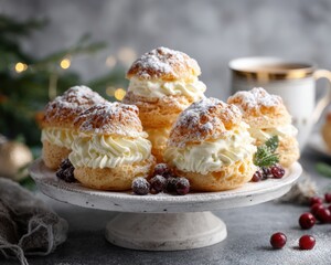 Festive cakes with vanilla cream and whipped cream and sprinkled with sugar.