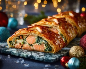 Close-up of sliced ​​salmon in batter or salmon Wellington with spinach in puff pastry