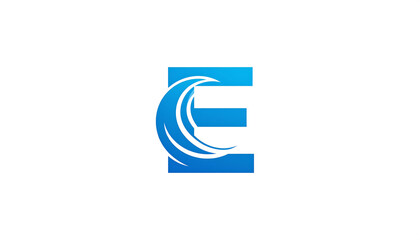 Gradient-blue block letter E with curved wave design wrapping the left side