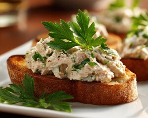 Creamy tuna salad with toasted bread sprinkled with fresh parsley.