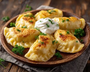 Ukrainian vareniki with potatoes and cheese are served with sour cream and sprinkled with parsley.