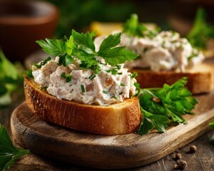 Creamy tuna salad with toasted bread sprinkled with fresh parsley.