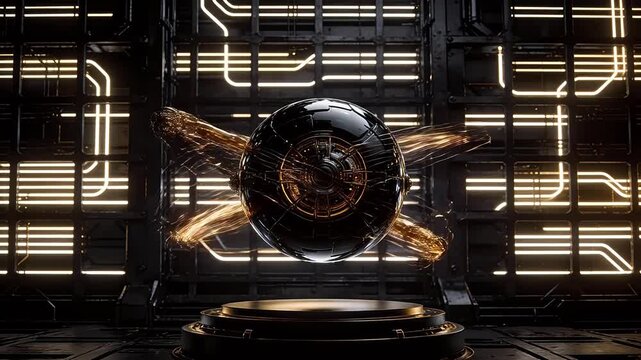 Black spherical mechanical device with golden arm on grid background