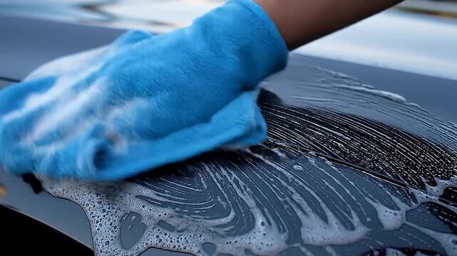 Macro car wash detail - hand wiping soapy foam on glossy black hood with blue microfiber, crisp reflections, clean automotive photography.