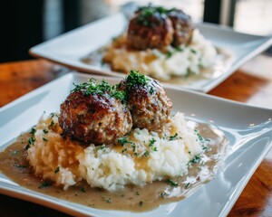 Homemade meatballs with rice served over mashed potatoes