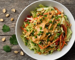 Vegan salad with peanut dressing with cabbage, carrots, green onions and peanut sauce.