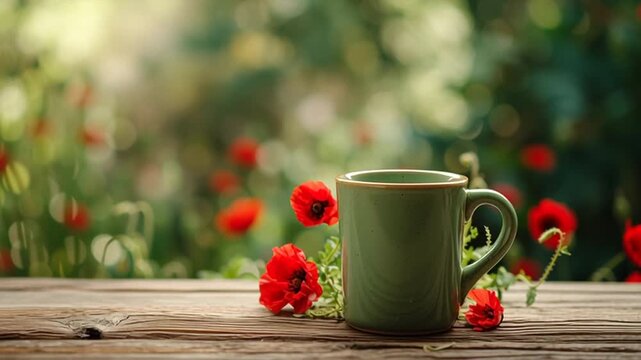 Fondo abstracto con taza de cer&aacute;mica verde encima de una mesa con espacio vacio a modo de expositor de madera en primer plano, amapolas rojas y fondo borroso verde de naturaleza