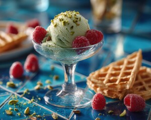 Homemade pistachio ice cream served in a cocktail glass, raspberries and waffles.