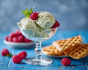 Homemade pistachio ice cream served in a cocktail glass, raspberries and waffles.