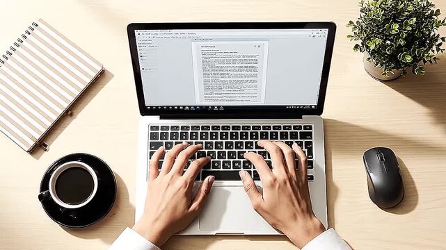 Top-down modern workspace with laptop typing hands coffee notebook plant, soft morning light, clean professional productivity scene editorial office lifestyle.