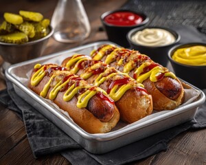 Korean hot dog. Fried street food served with pickles, mustard, and ketchup.