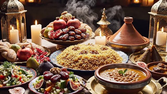 Warm communal Middle Eastern feast with tagine, couscous, rice and candlelit dishes.