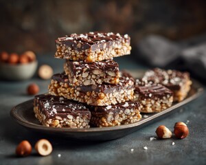 Stacked vegan snack bars made from puffed amaranth with chocolate and hazelnuts on an oval tray.