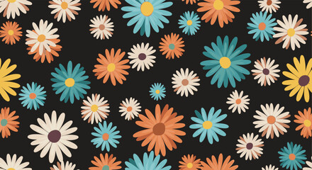 A groovy and seamless retro floral pattern with a dense scatter of colorful daisies in orange, blue, and yellow on a solid black background.