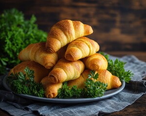 Crescent rolls shaped like an Easter carrot, filled with salad and stacked on a plate, garnished with fresh parsley leaves.