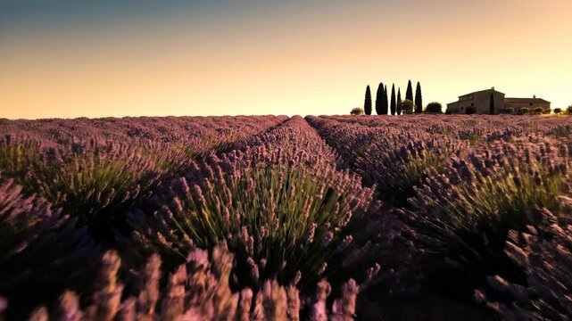 Golden sunset over lavender fields with rustic farmhouse and cypress trees