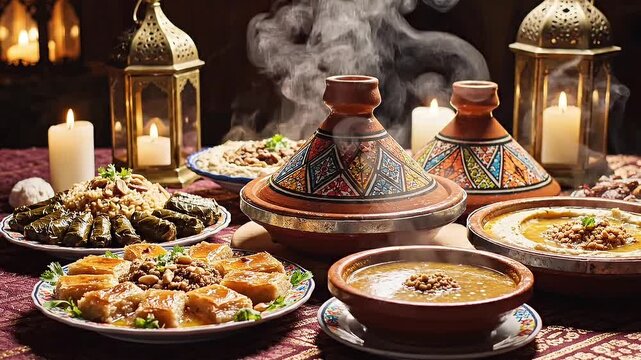 Assorted Moroccan tagine dishes served with lanterns and candles.